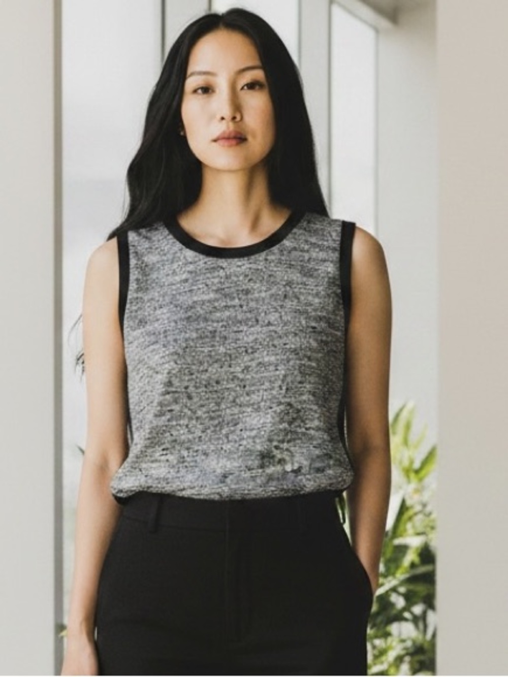 Calvin Klein Gray Marled Sleeveless Knit Top with Black Trim